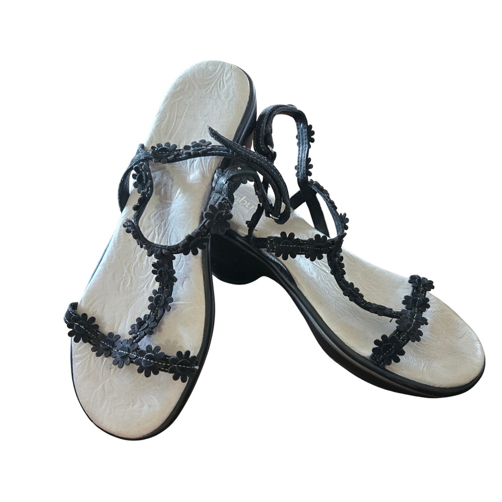 Jambu Womens Black Floral T-Strap Wedge Sandals Memory Foam Comfort Size 7.5M